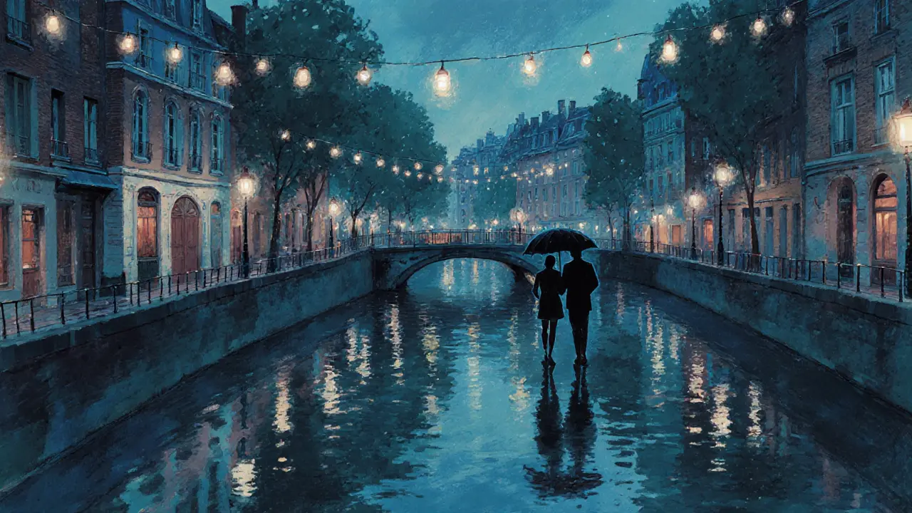 A couple walking under an umbrella along the Canal Saint-Martin at night, rain reflecting on water.