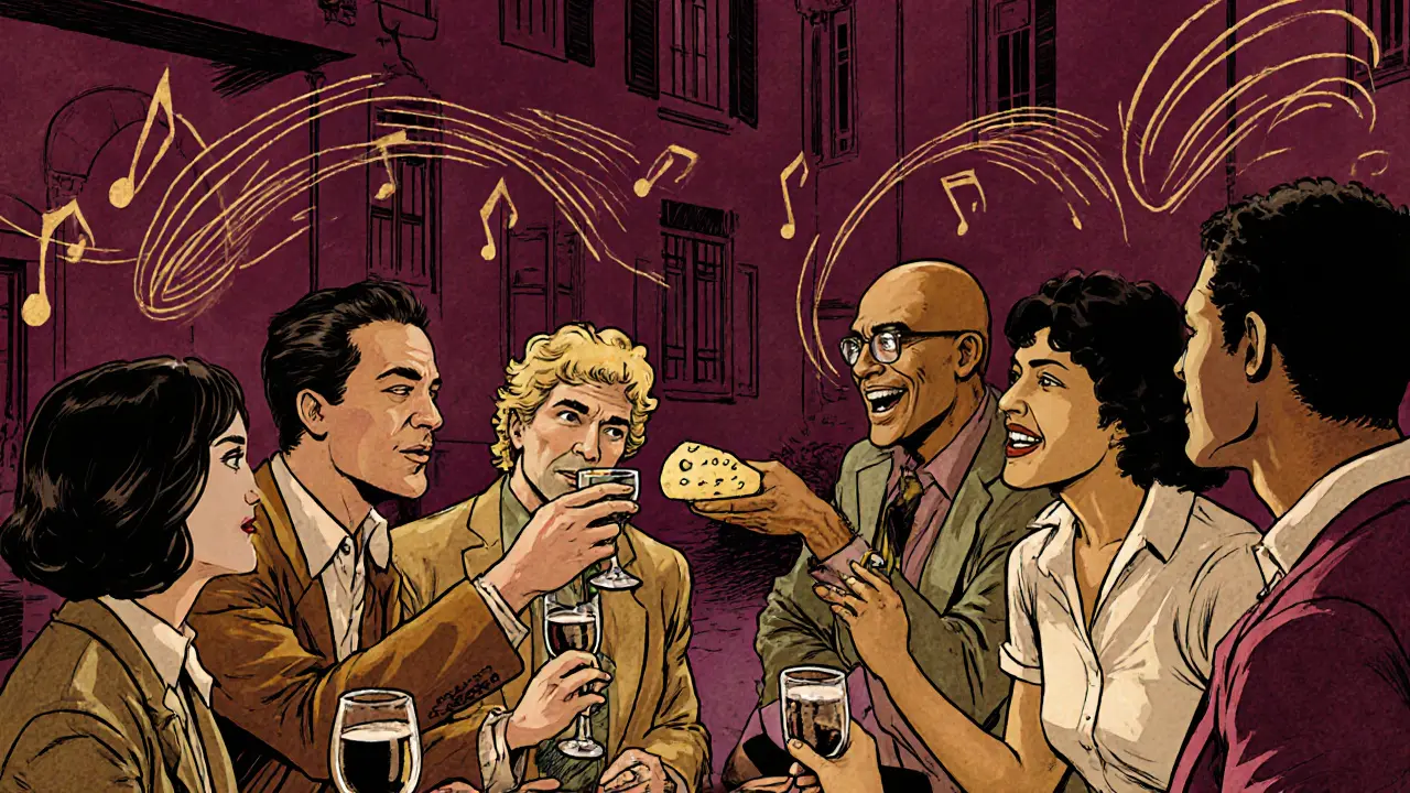 A diverse group enjoying wine and conversation in a quiet Parisian courtyard at night.