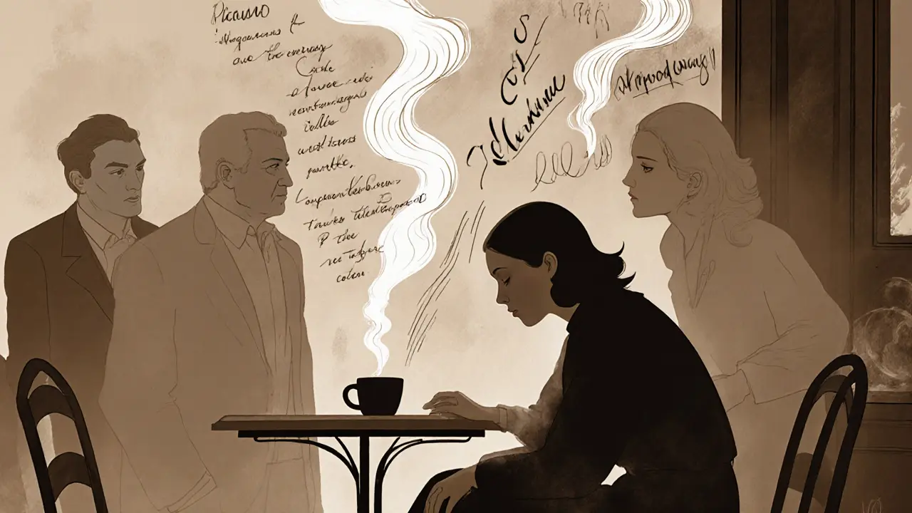 A quiet woman at Les Deux Magots, surrounded by ghostly figures of famous artists whispering ideas.