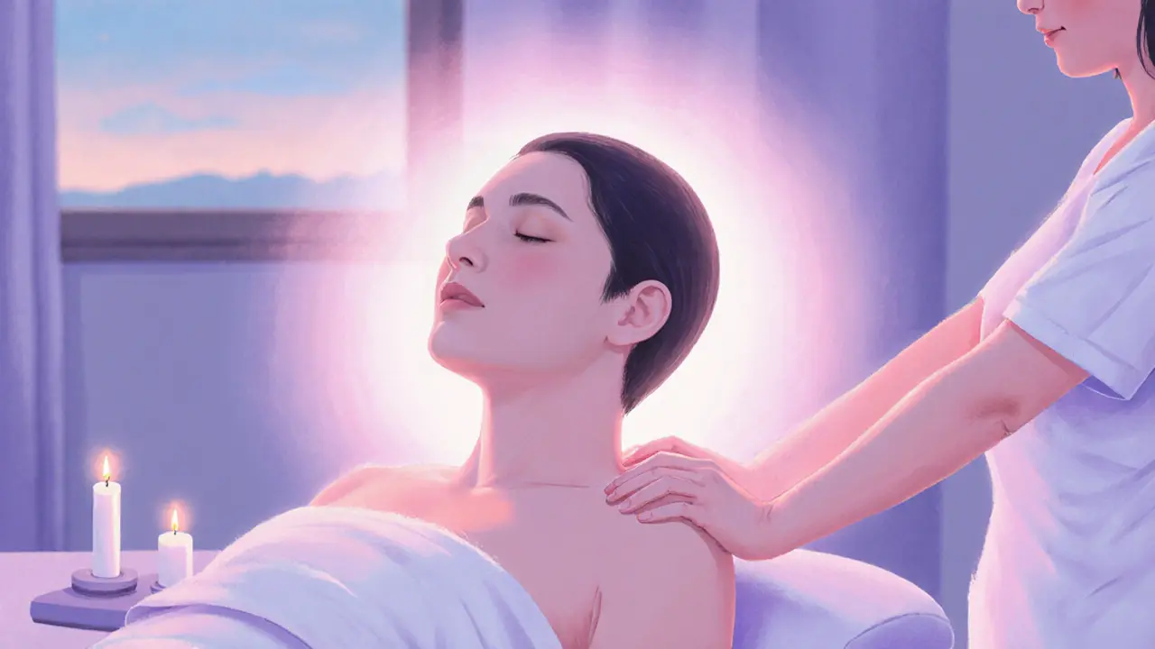 A relaxed client after a massage looks serene, surrounded by a gentle glow and soft candlelight.