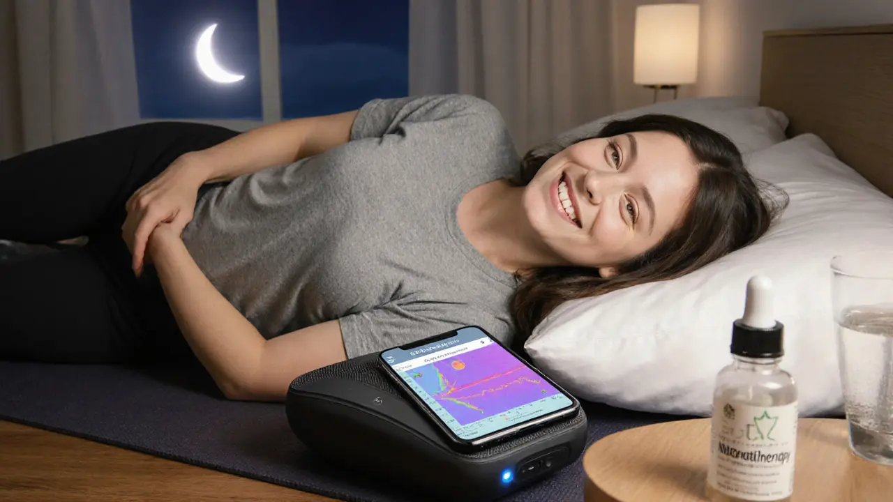 A woman using a smart home massage device with a smartphone showing biometric data in a quiet bedroom.
