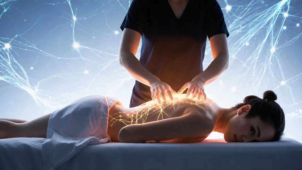 An artistic depiction of a hybrid massage session with glowing neural pathways and therapeutic hand movements.