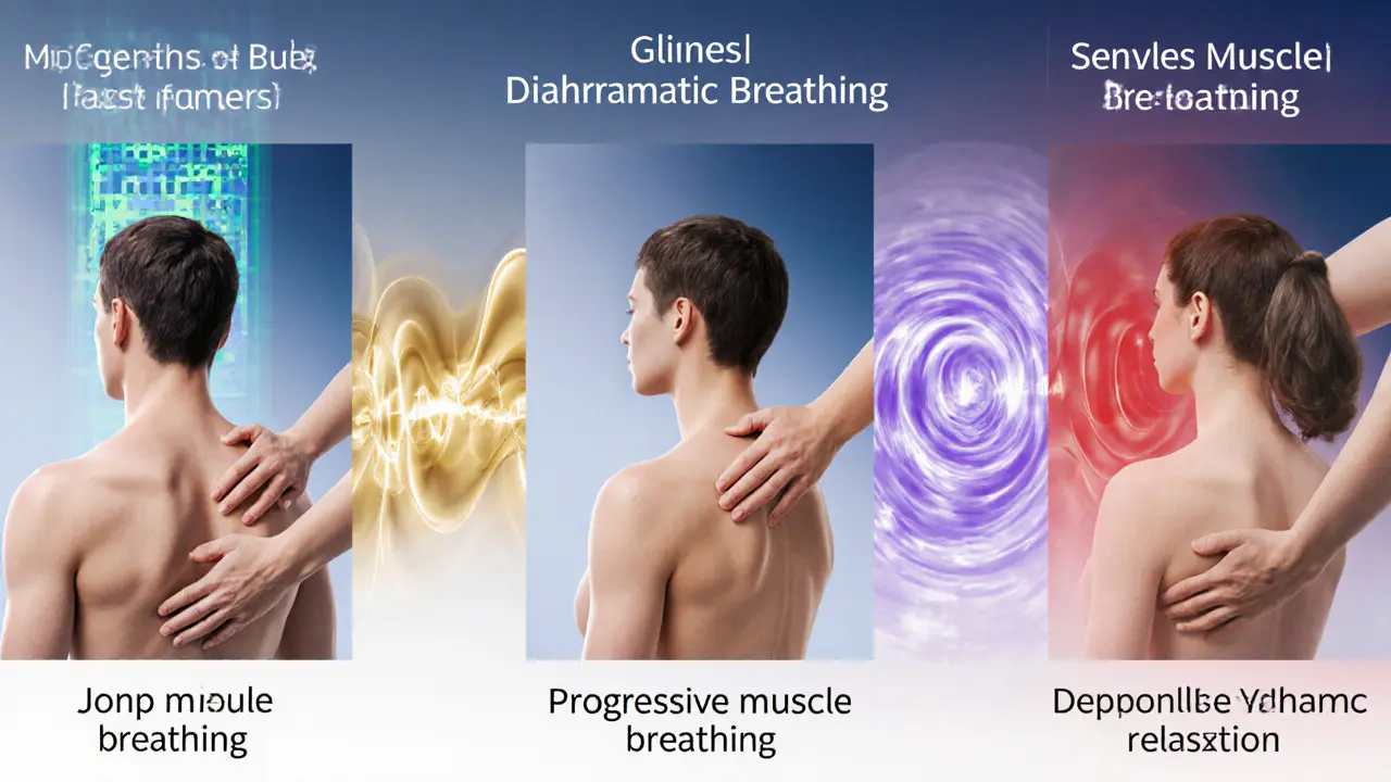 Artistic split-scene showing different breathing rhythms visualized alongside matching massage strokes.