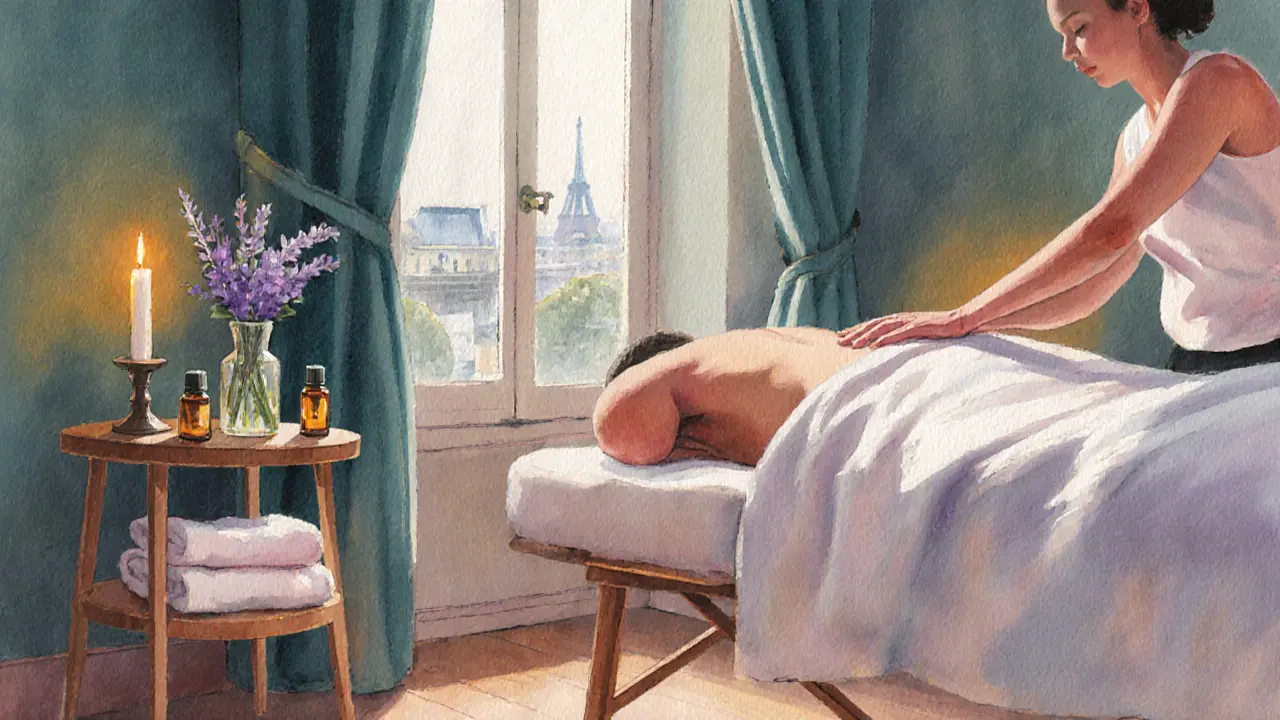 Candlelit spa room with massage table, essential oils, and therapist&#039;s hands in watercolor.