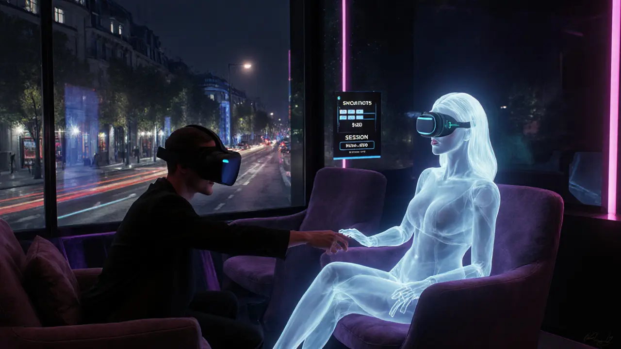 Cinematic scene of a VR lounge where a client in a headset engages with a holographic escort avatar.