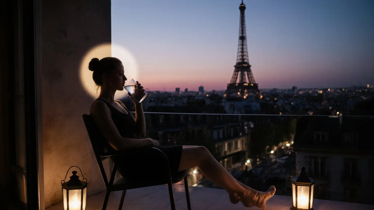 Client stretches on a balcony at dusk, sipping water with the Eiffel Tower behind.