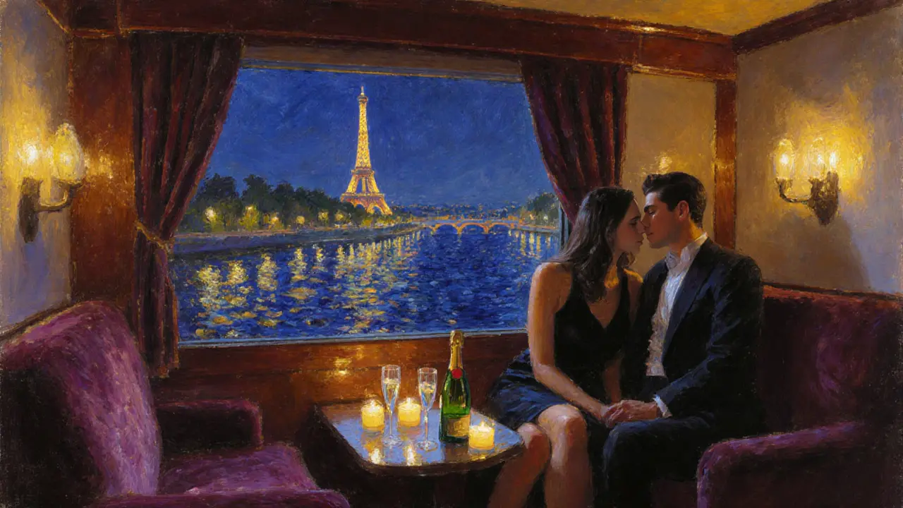 Couple in a candlelit cabin on a Seine night cruise with city lights.