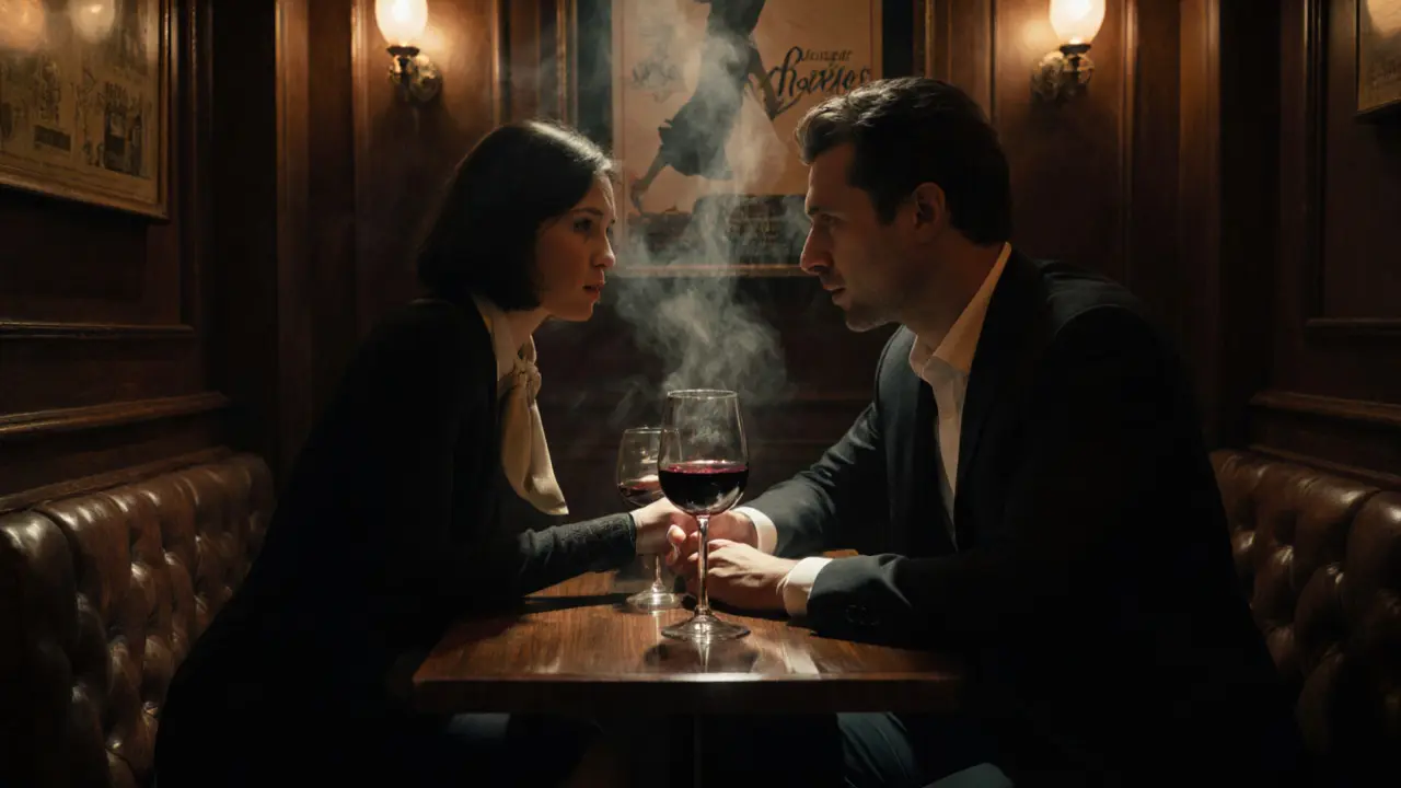 Couple in a dimly lit Paris wine bar, clinking glasses.