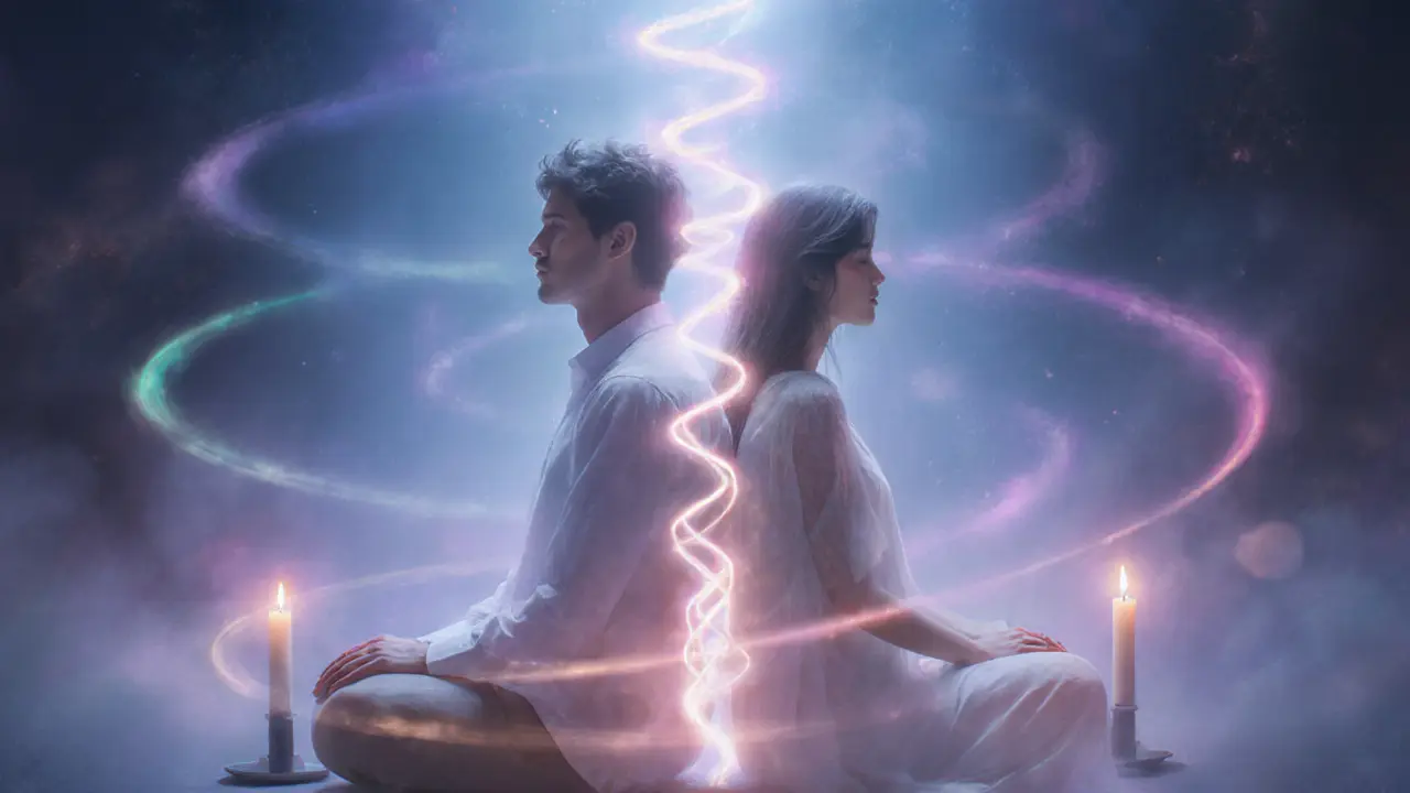 Couple seated back-to-back, light ribbon rising from lower torso representing energy uplift.