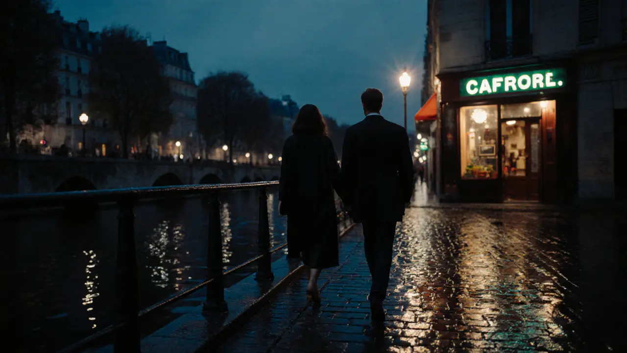 Couple strolling along Canal Saint‑Martin at night under city lights.