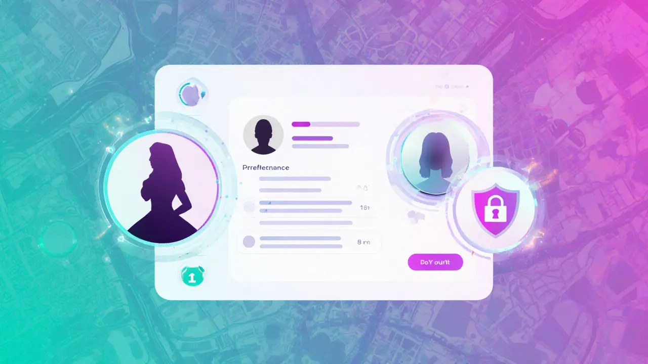 Digital illustration of AI matchmaking interface with blockchain health badge and escort silhouette.