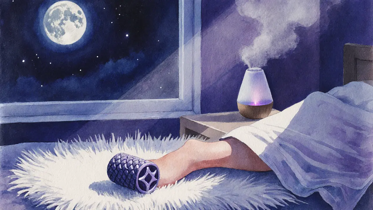 Foot on a roller beside moonlit bedside, suggesting bedtime self‑massage.