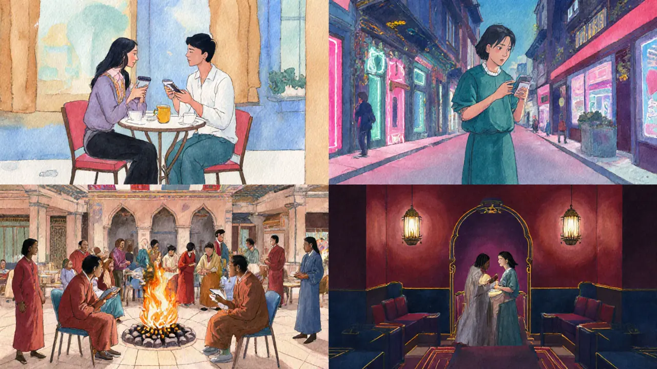 Four cultural dating scenes: café chat, app swipe, community gathering, discreet meeting.