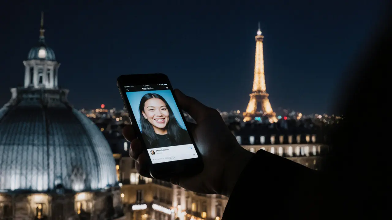 Hand holding a phone with a candid profile picture, backdrop of Paris night skyline.