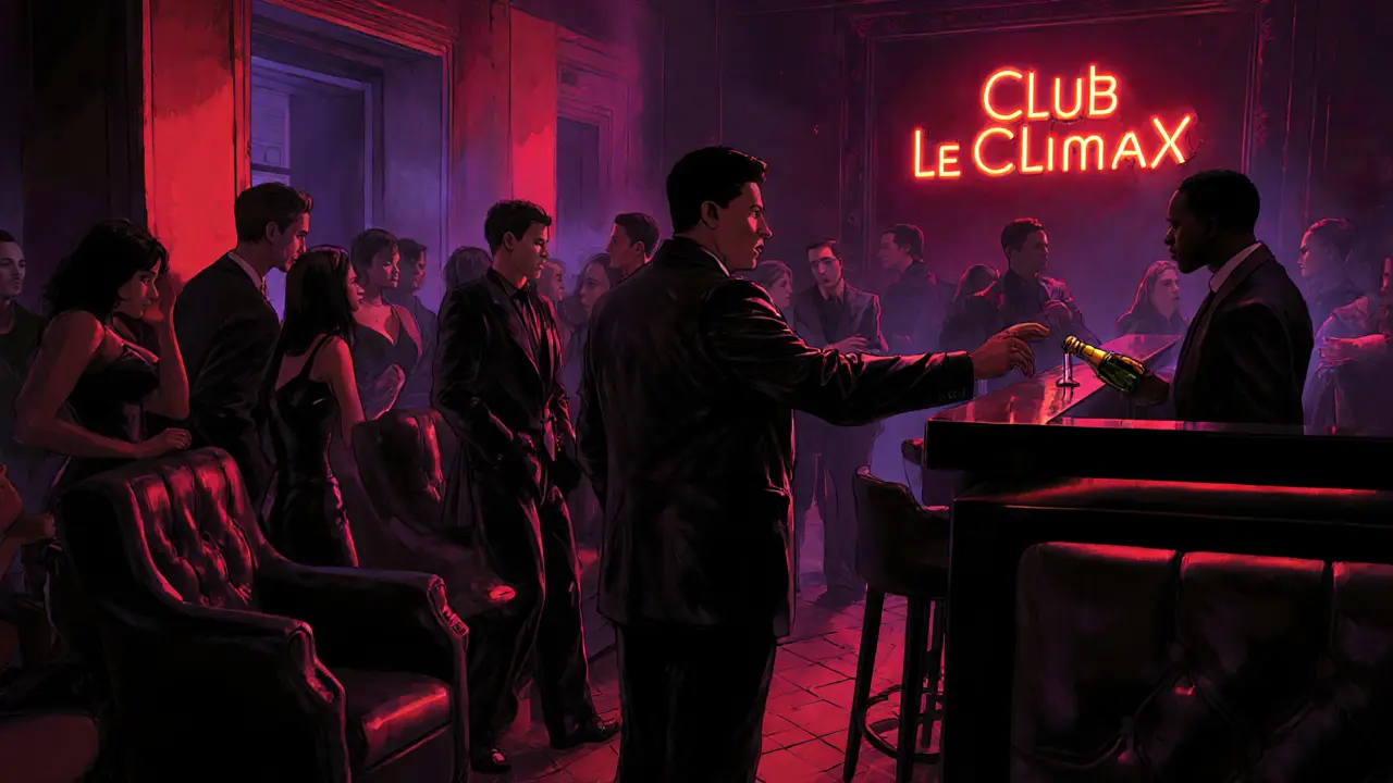 Moody leather-clad crowd inside a velvet lounge in Le Marais.