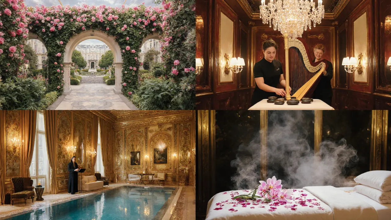 Oil painting collage of four Paris spas showing their signature treatments and décor.