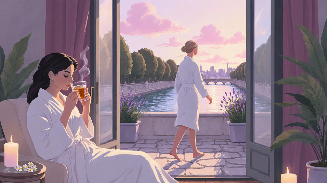 Pastel scene of a woman enjoying tea after a massage, then walking by the Seine at sunrise.