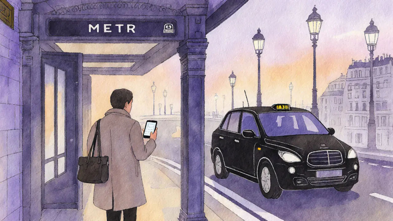 Person exiting a Metro station with an Uber Black car waiting nearby.