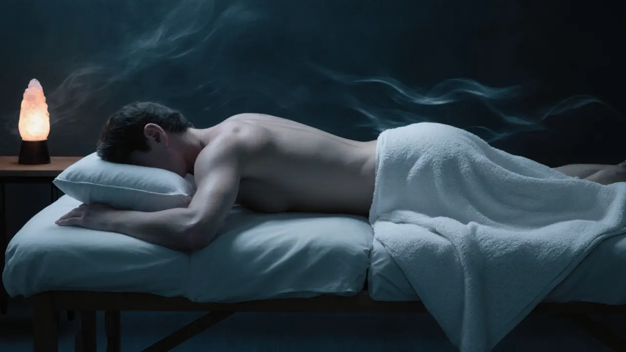 Person lying on their side with pillows between knees and under shoulder, receiving slow, calming massage strokes.