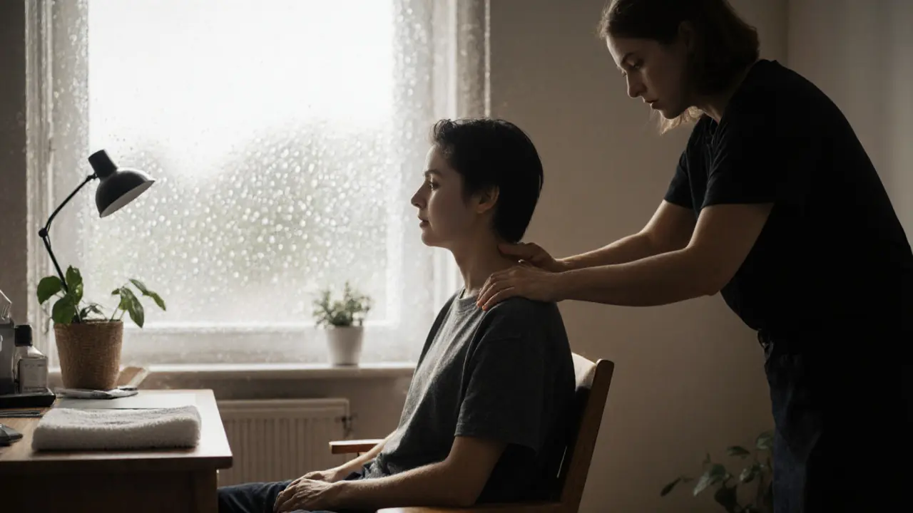 Person seated in a chair receiving a gentle neck and shoulder massage, warm towel on back, peaceful ambient setting.