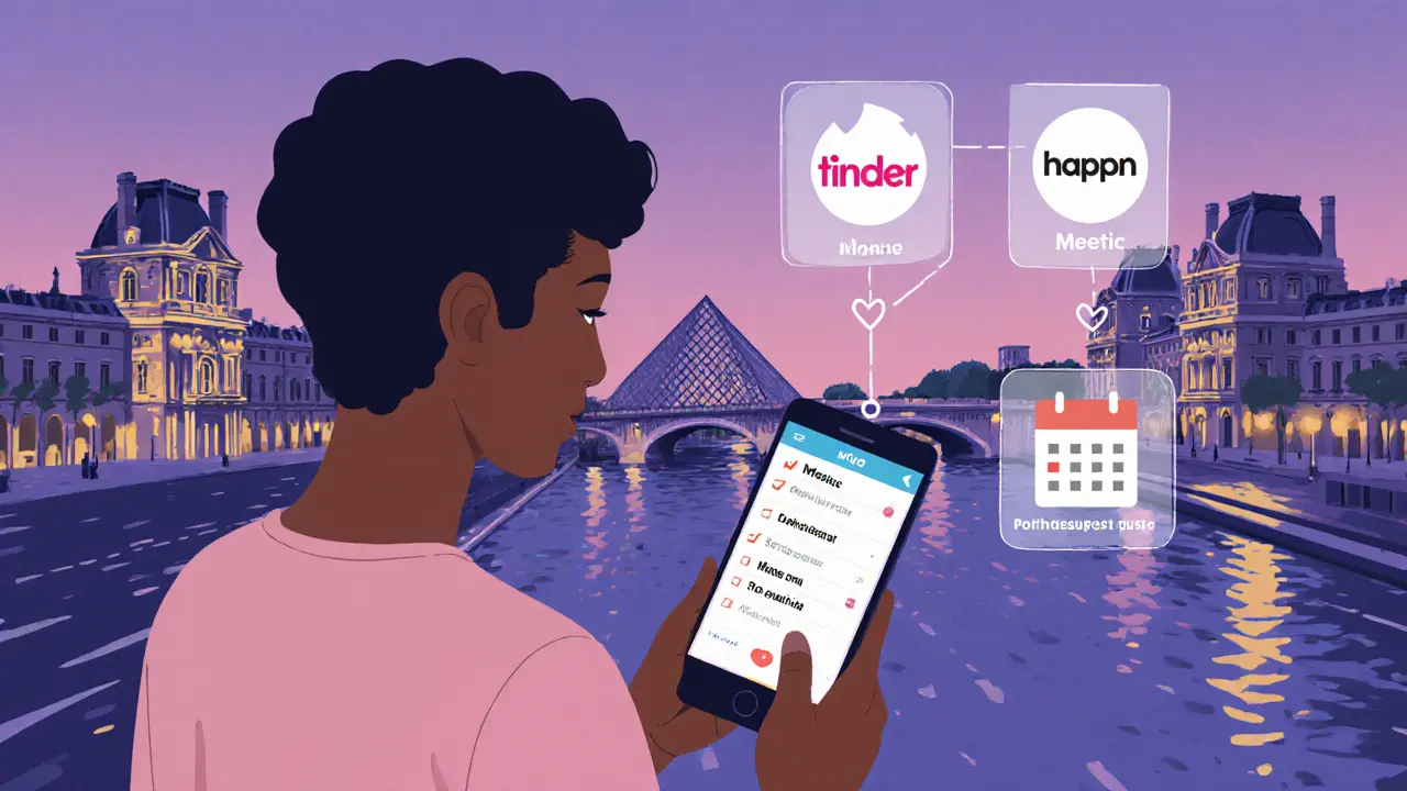 Person using a dating app in Paris, planning a museum visit, with safety reminders.