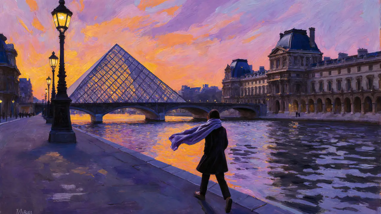 Person walking alone along the Seine at sunset, Louvre in background, feeling reflective.