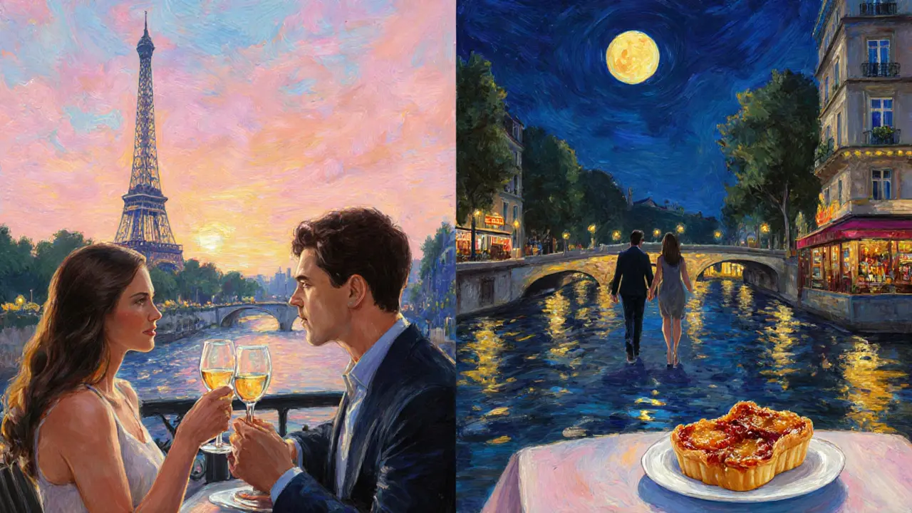 Romantic date showing Eiffel Tower sunset and Canal Saint‑Martin night with dessert.