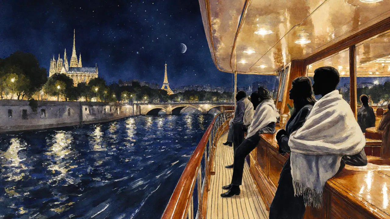 Silhouetted couples on a midnight yacht cruising the Seine.
