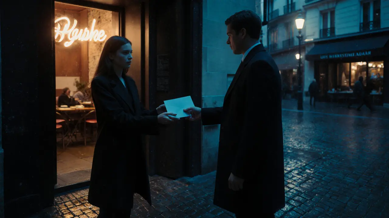 Silhouettes exchange an envelope in a rain-drenched Paris courtyard, evoking discretion and quiet trust.