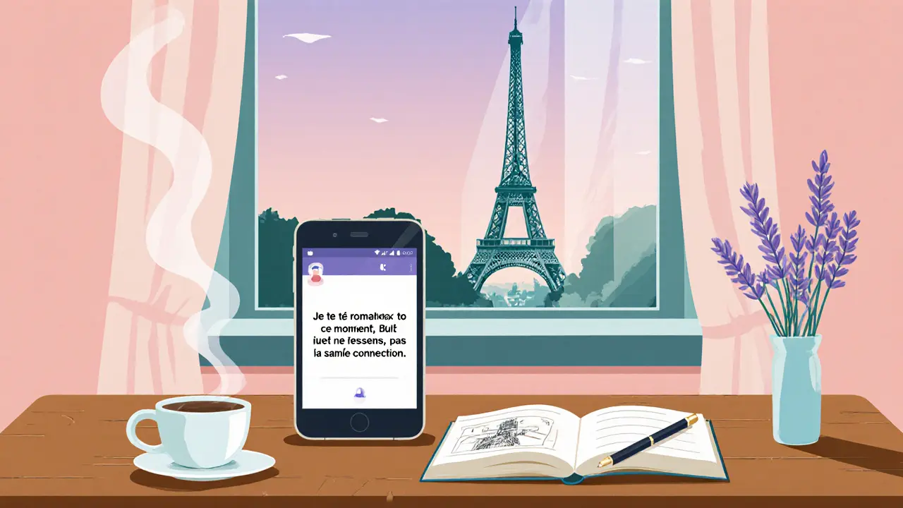 Smartphone showing a polite French rejection text on a table with coffee and Eiffel Tower view.