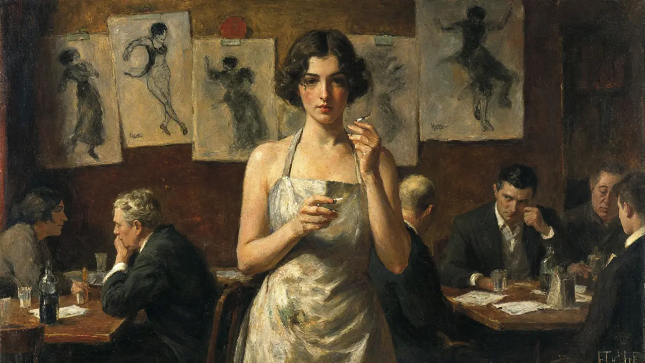 Suzanne Valadon in a Montparnasse café, smoking, with sketches of working women on the wall behind her.