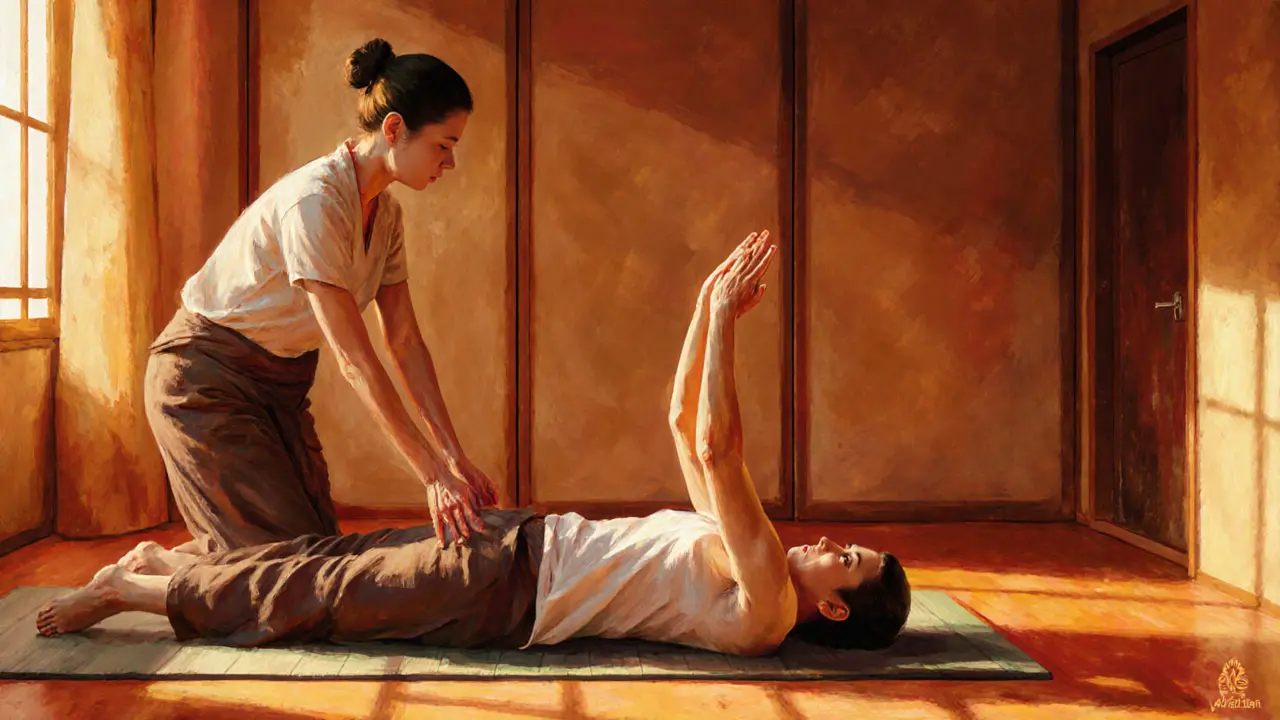 Thai massage therapist assisting client in forward bend, chest opener, and spinal twist on a mat.
