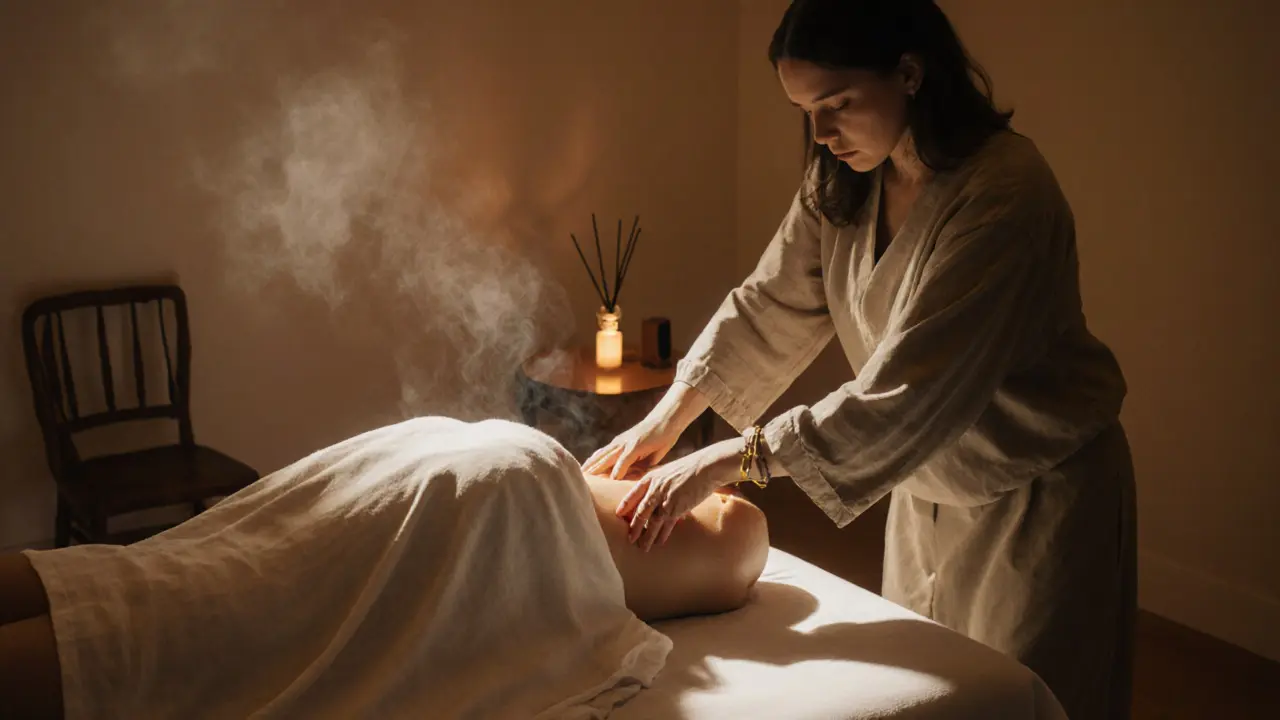 Therapy room with practitioner applying warm oil to client&#039;s thighs, emphasizing gentle, safe touch.
