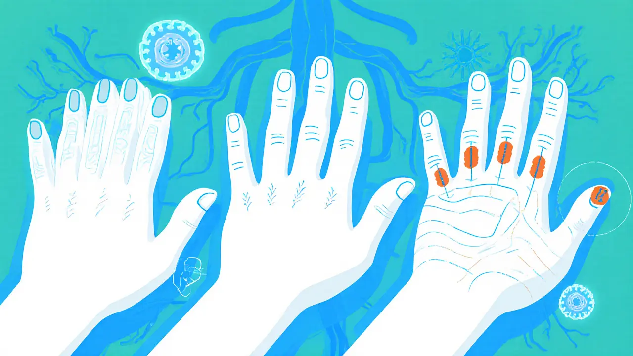 Three hand icons for Swedish, deep‑tissue, trigger‑point massage with flowing vessels.