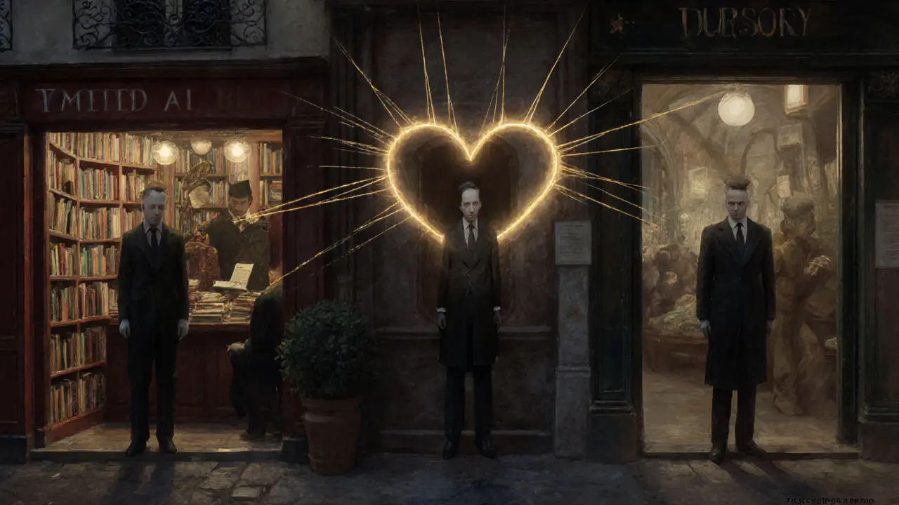 Three individuals in Parisian settings connected by golden threads forming a heart, symbolizing quiet companionship.