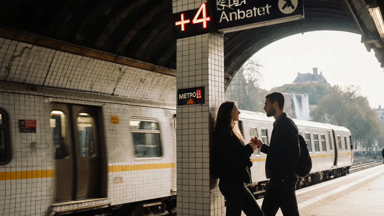 Two people meeting on Metro Line 4 platform near Saint‑Germain, train in background.