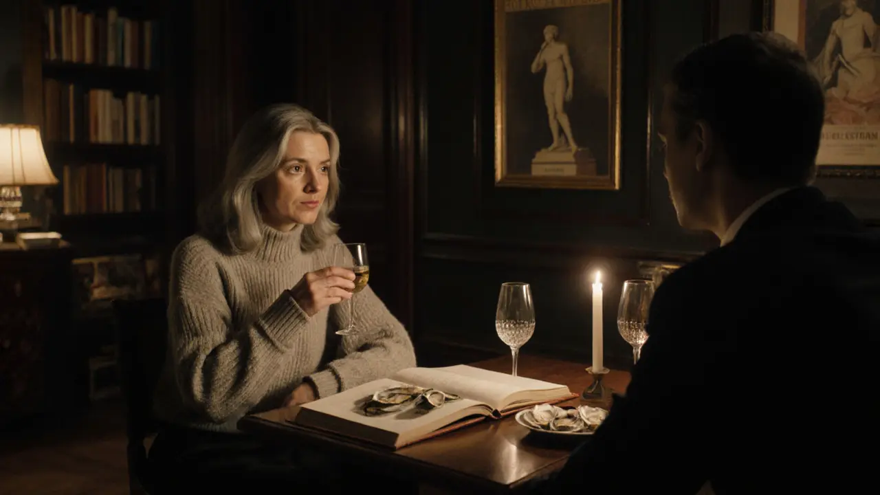 Two people share wine and art in a cozy Paris apartment, candlelight casting soft shadows on books and sculptures.