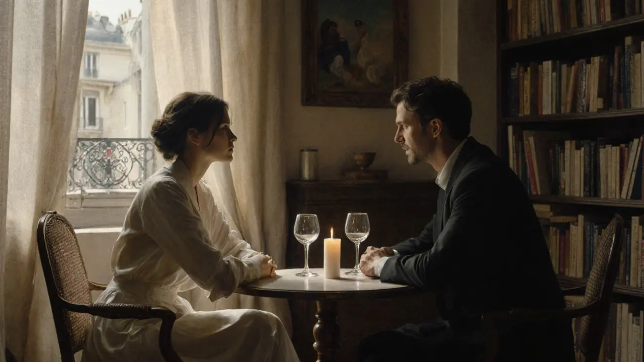 Two people sitting in silent companionship across a candlelit table in a Parisian loft.