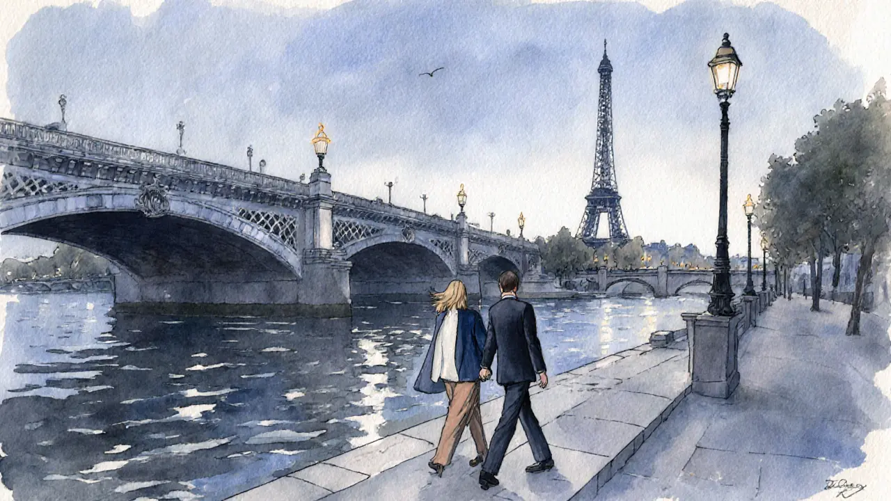 Two people walking silently along the Seine at dusk, the Eiffel Tower glowing in the distance.