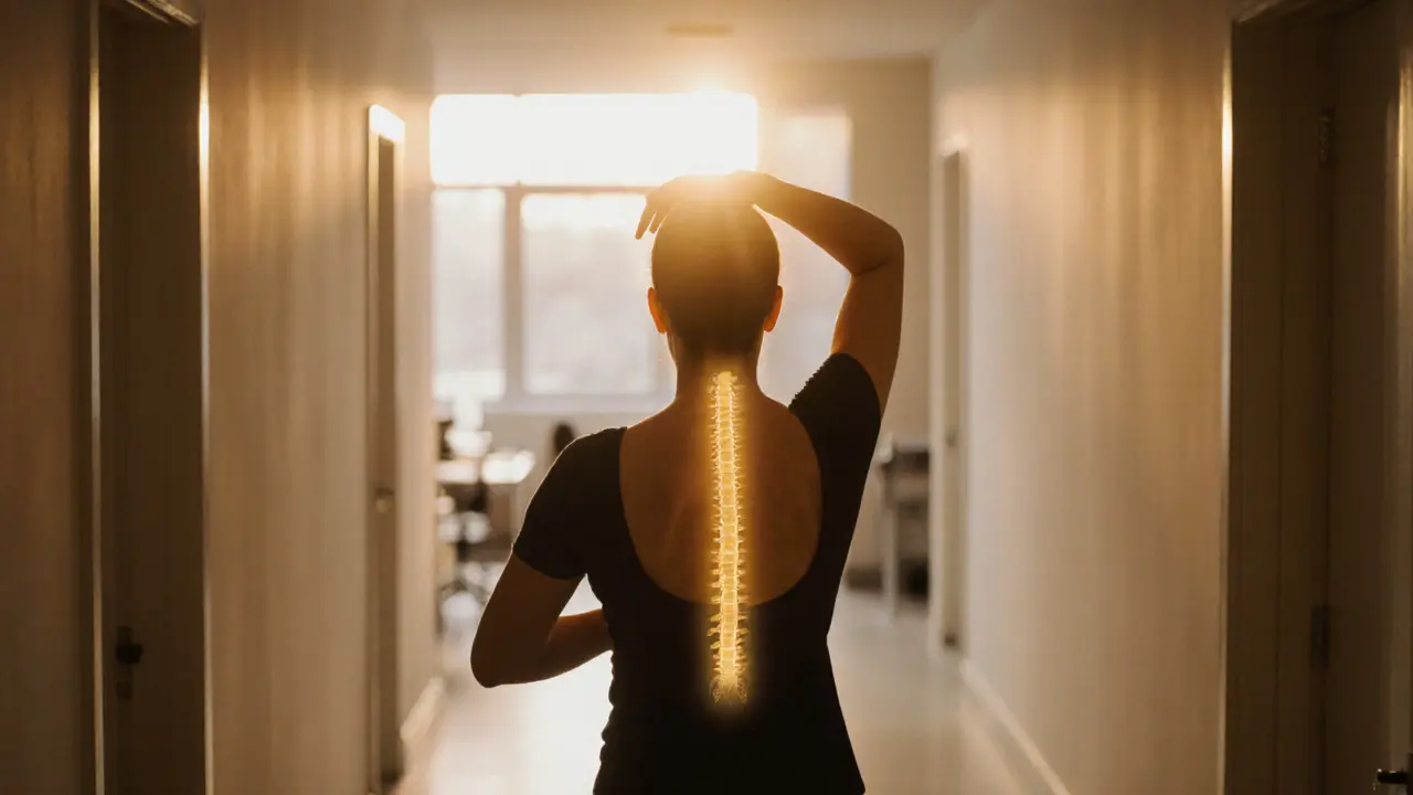 Upright person standing with golden halo along spine, symbolizing improved posture after massage.