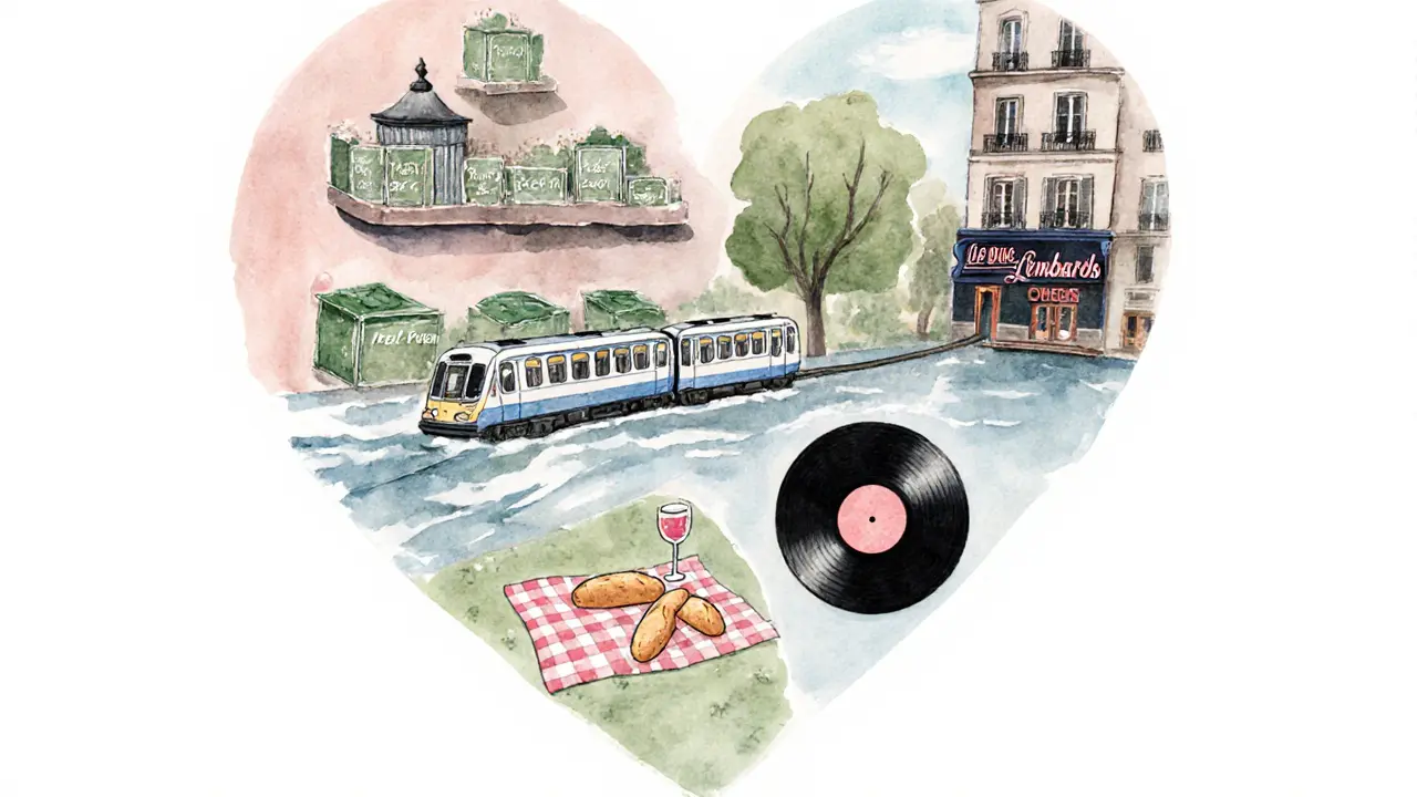 Watercolor collage of Paris landmarks and date ideas forming a heart shape.