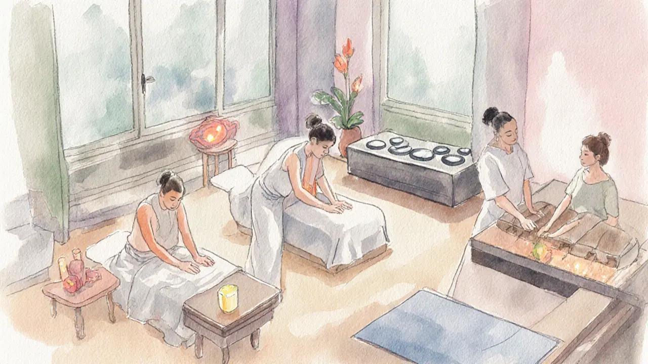 Watercolor interior showing four different massage styles in separate rooms.