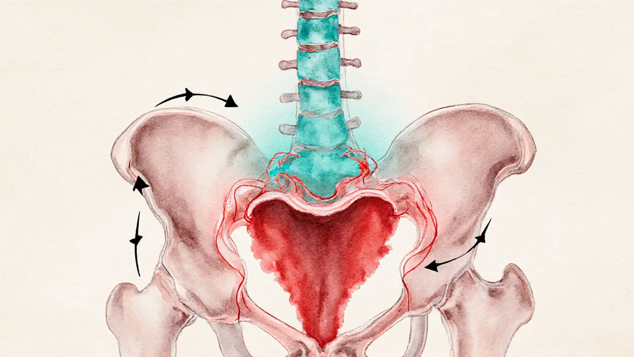Watercolor view of male pelvic anatomy highlighting blood flow and energetic aura.