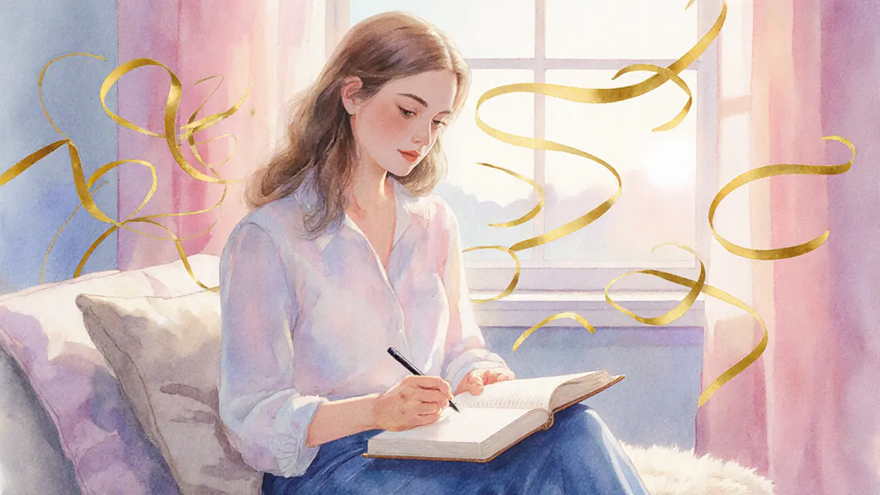 Woman journaling by sunrise, surrounded by golden ribbons representing emotional healing.