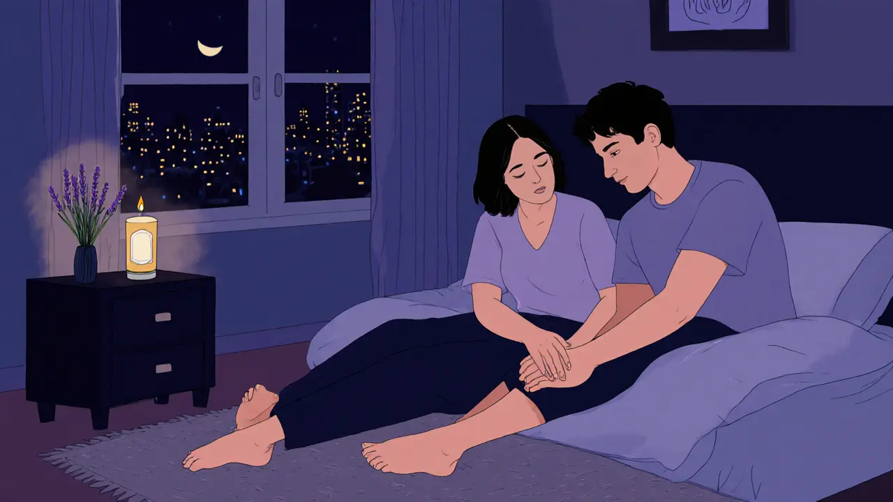 A couple at home sharing a gentle hand massage by candlelight, surrounded by soft music and lavender scent.