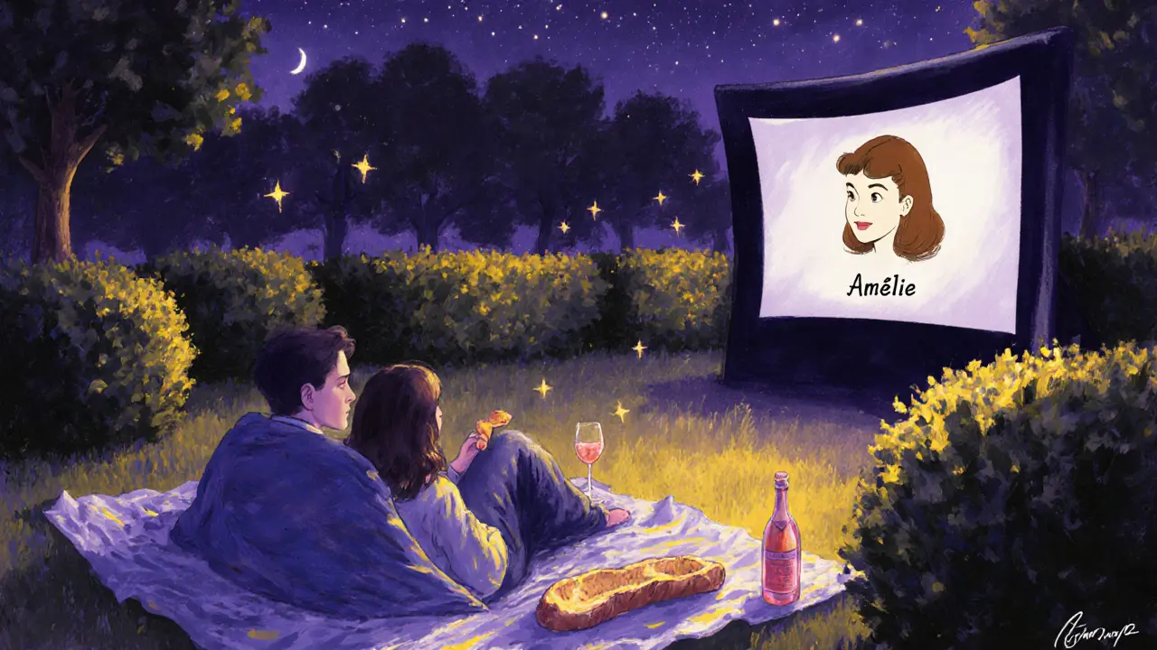 A couple shares a blanket under an outdoor movie screen in a Paris garden at night.