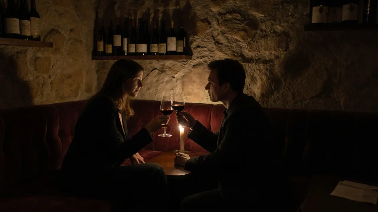 A couple sharing wine in a dimly lit wine cellar, shadows and candlelight creating an intimate mood.