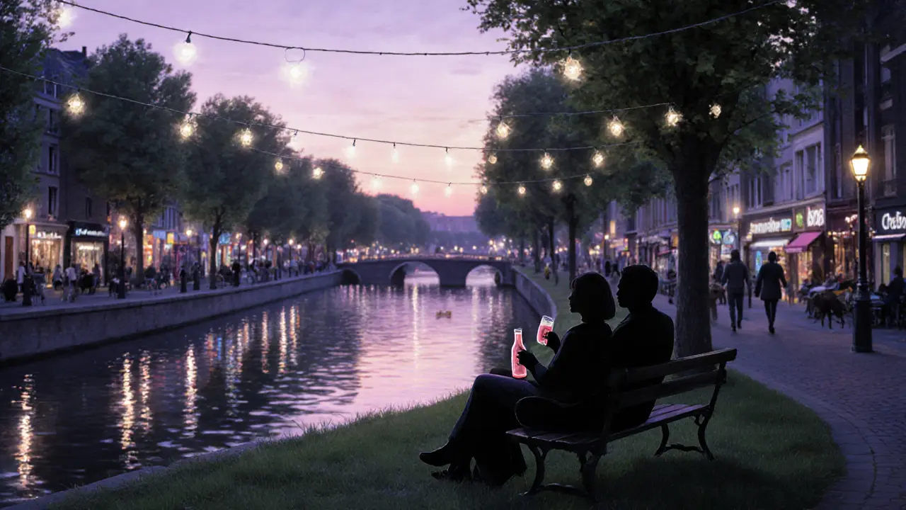 A couple sitting silently on a bench by a canal at sunset, sharing wine under string lights.