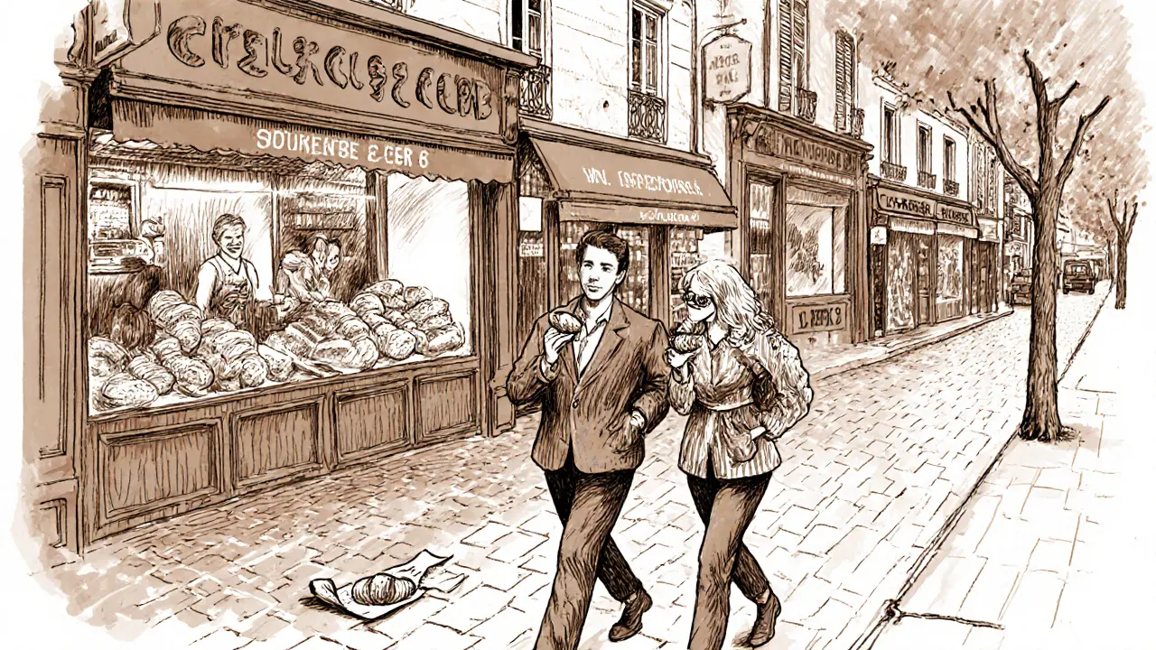 A couple splits a pastry on a quiet Paris street, surrounded by bakery windows and morning light.