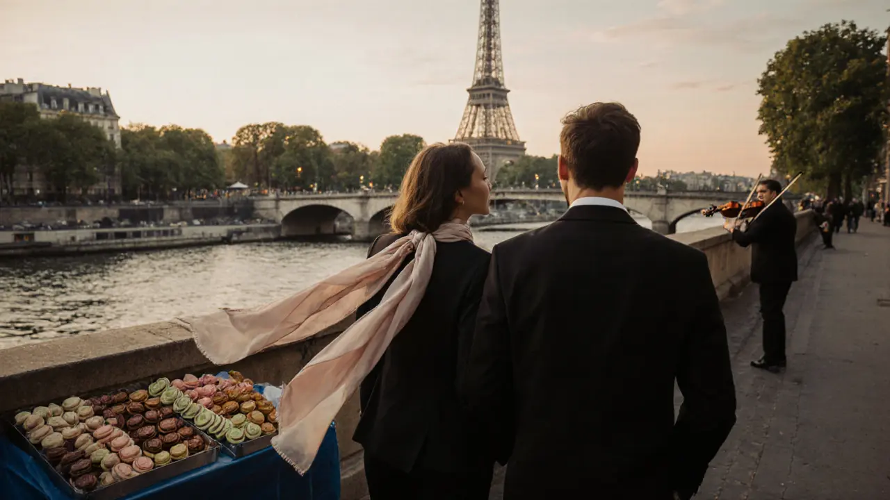 A couple walks along the Seine at dusk, the Eiffel Tower glowing behind them after a successful match.